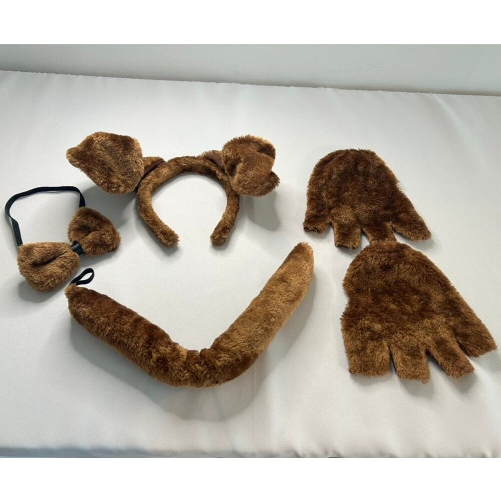 Dog Costume Set Ears Tail Gloves Bow Tie Brown Plush Animal Halloween Cosplay